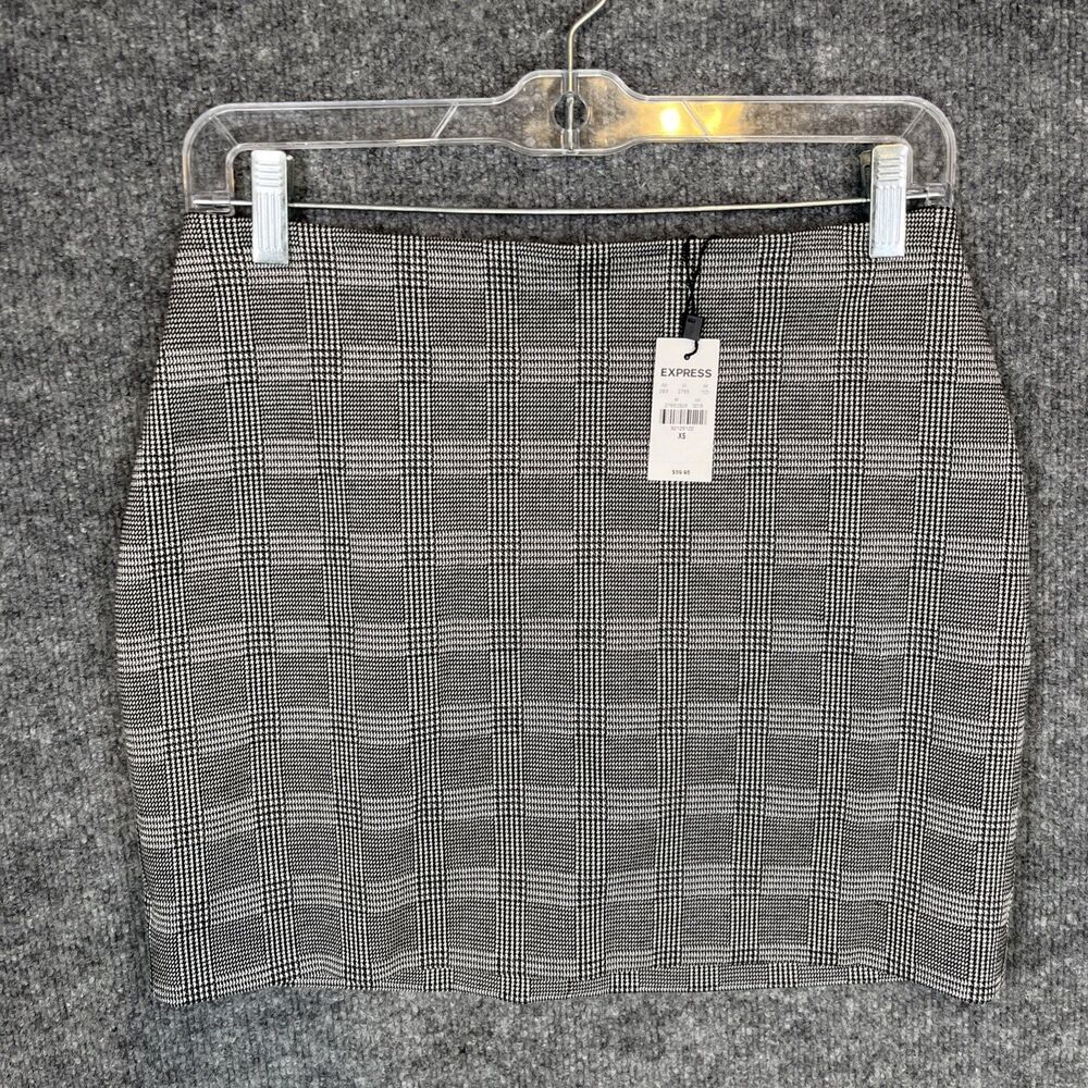 NWT Express Plaid Mini Pencil Skirt Womens XS Gray Stretch Career Office Preppy
